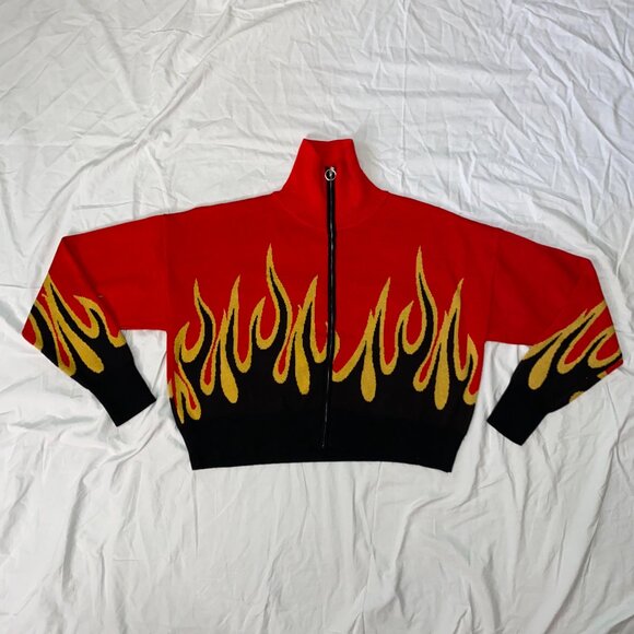 Women's Acrylic Long Sleeve Top w/ Flame Designs - Black/Yellow/Red - Rehab Lab - Picture 2 of 7